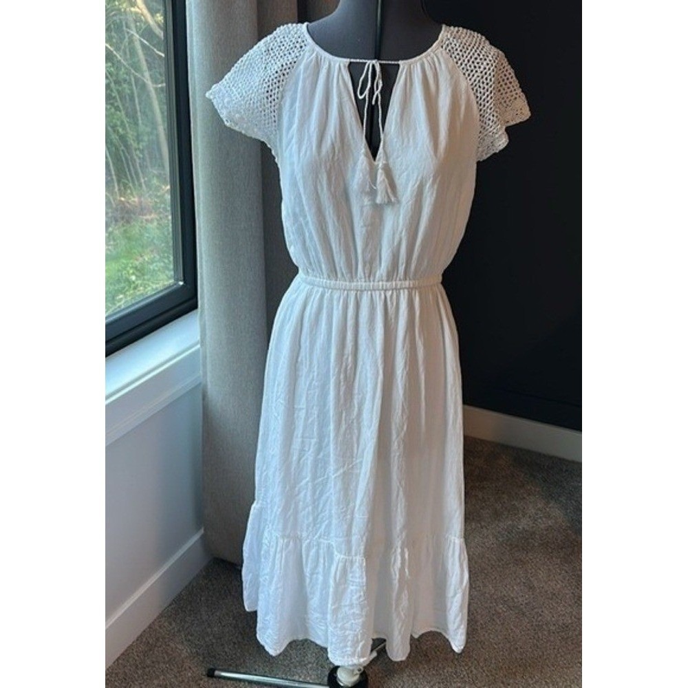 Old Navy White Linen Blend Crochet Sleeve Midi Dress Tassel Tie Boho Peasant S - Picture 12 of 13